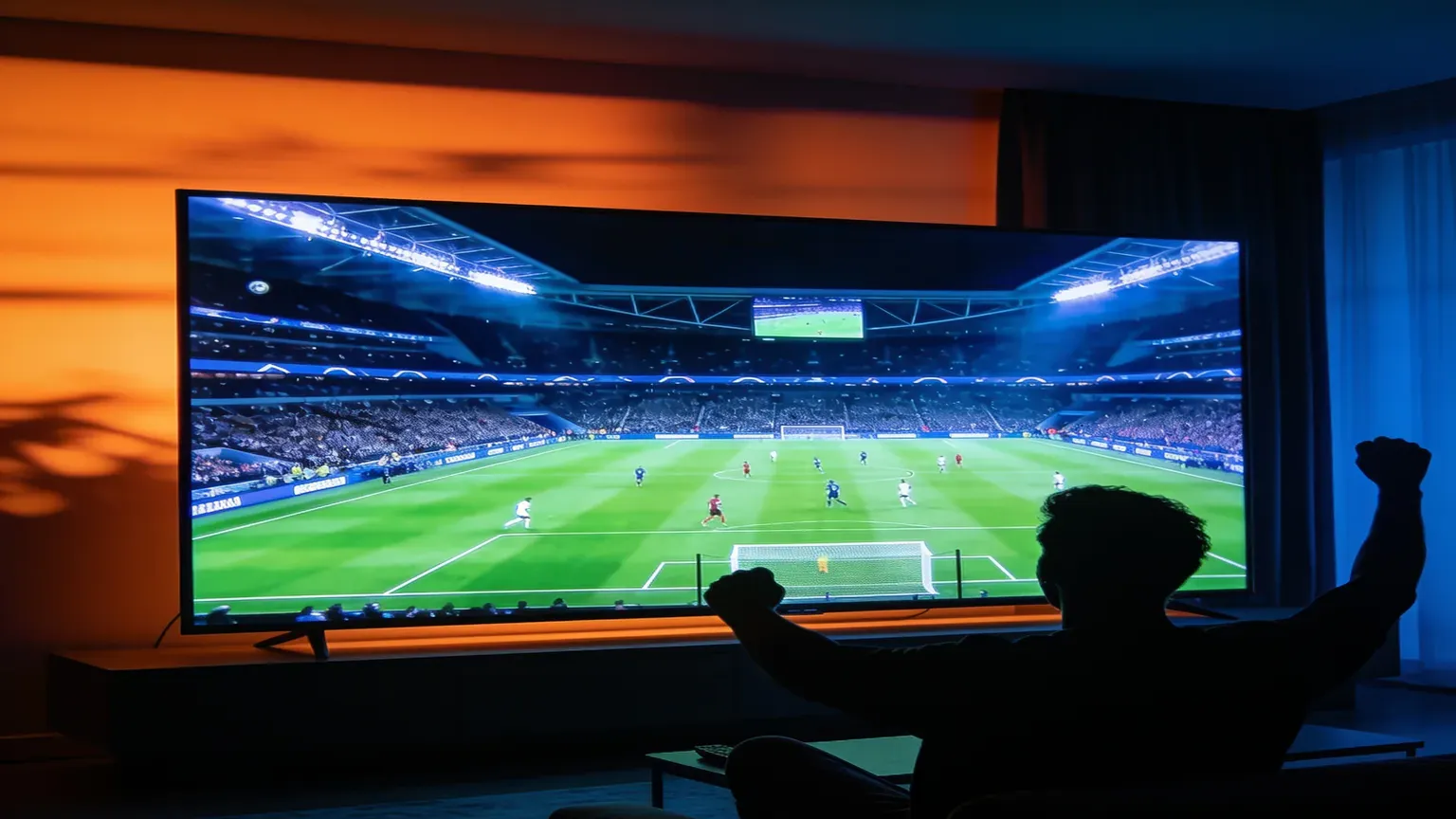 Living-room TV showing a live football match, the Saturday-night test for the best IPTV for Firestick