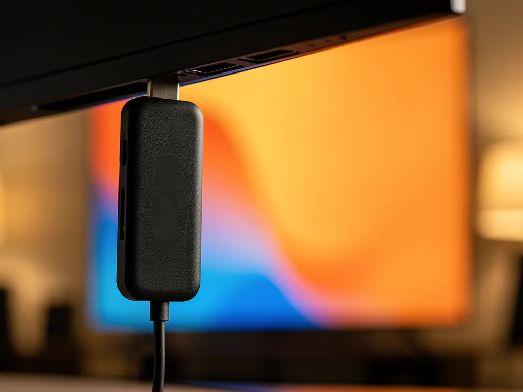 A Fire TV Stick plugged into a TV with the Downloader app open on screen during an IPTV setup