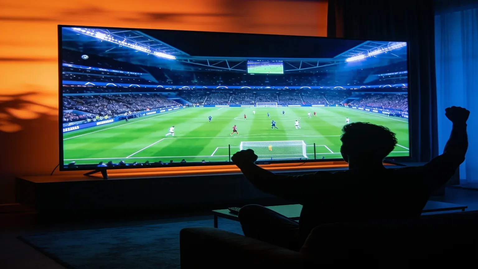 Living-room TV and sofa during a live match, the Saturday test for Firestick buffering