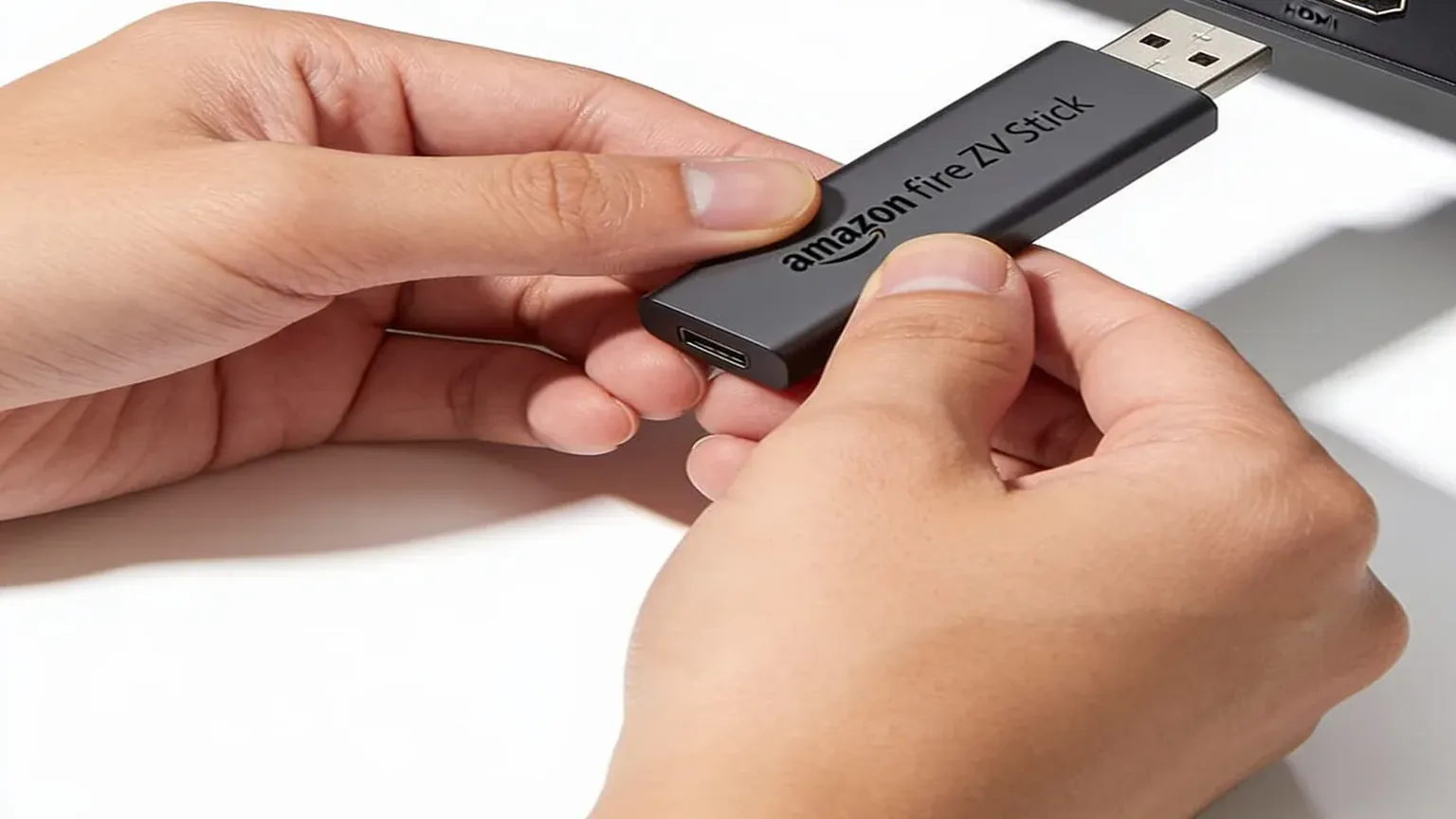 Hands plugging a streaming stick into a TV HDMI port before installing an IPTV app for Firestick