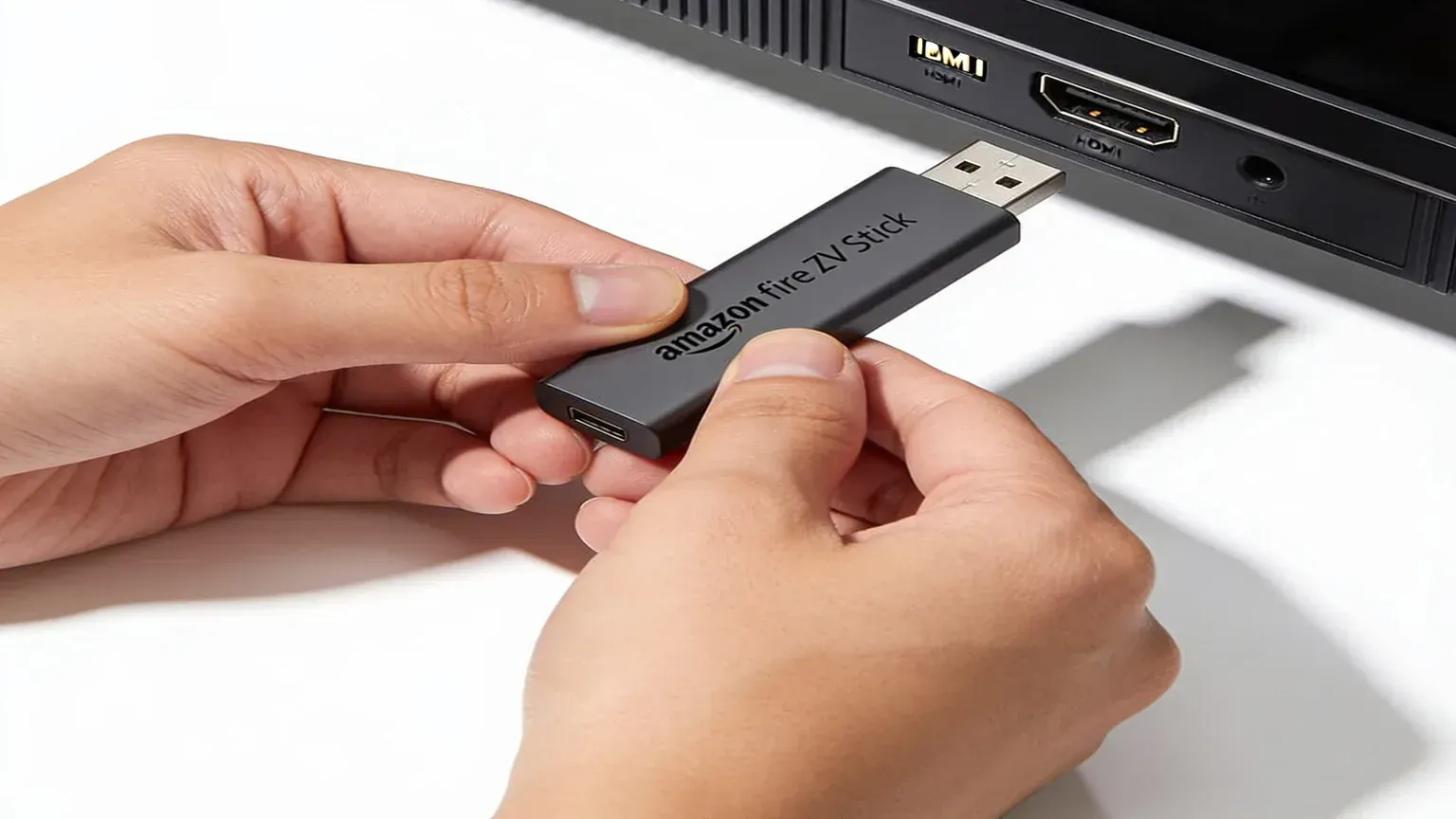 Hands holding a streaming stick before an IPTV Smarters Pro Firestick sideload