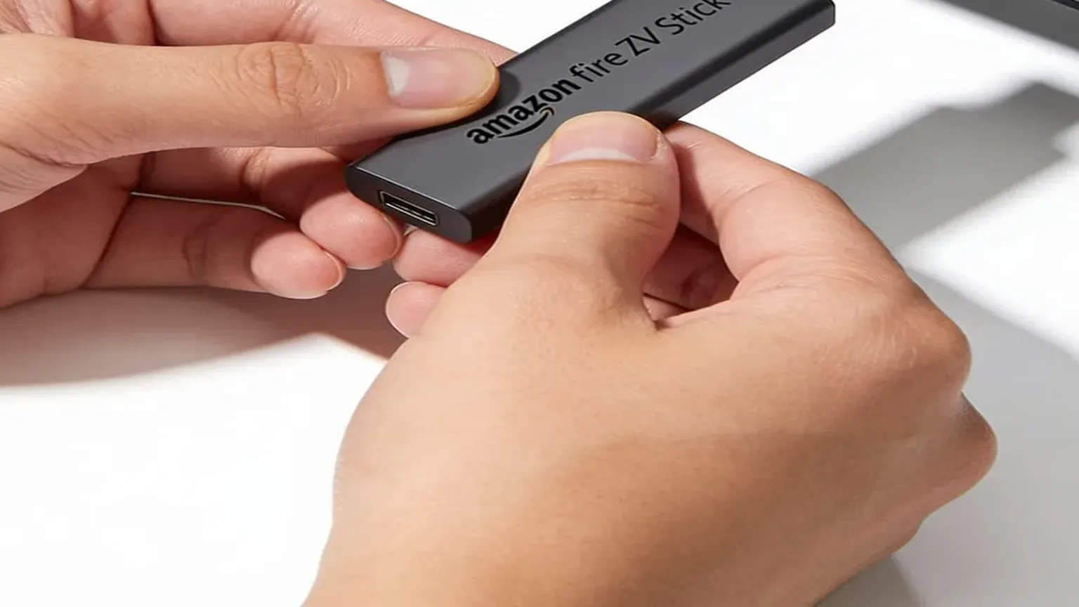 Hands holding a streaming stick before a TiviMate Firestick sideload