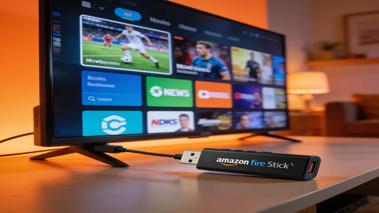 Living-room TV glowing in two halves, the sofa test for TiviMate vs IPTV Smarters on a Firestick